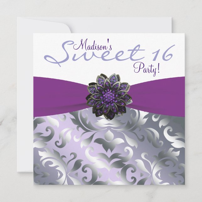 Purple and Gray Sweet 16 Birthday Party Invitation (Front)