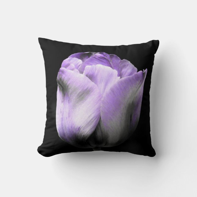 Purple and Gray Tulip on Black Throw Pillow (Front)