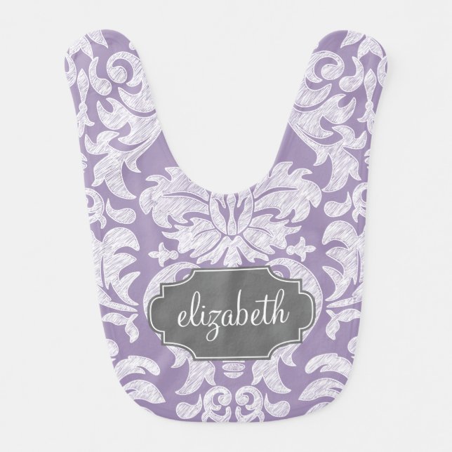 Purple and Gray Vintage Damask Pattern Monogram Bib (Front)