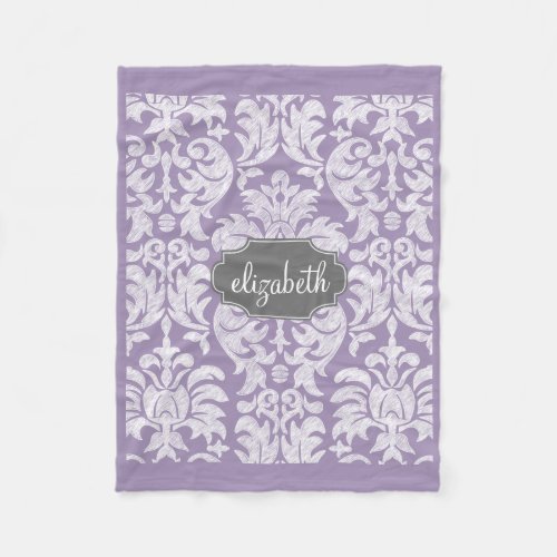 Purple and Gray Vintage Damask Pattern Monogram Fleece Blanket