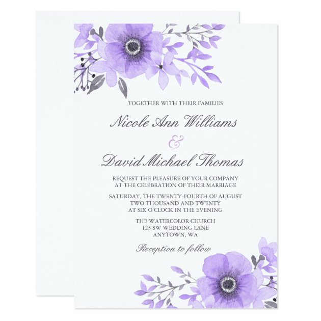 Purple And Gray Watercolor Anemone Wedding Invitation