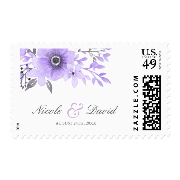 Purple And Gray Watercolor Anemone Wedding Postage