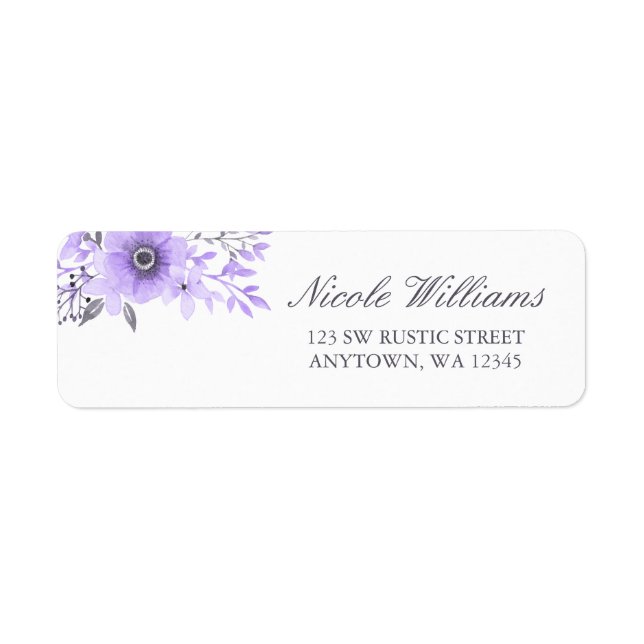 Purple and Gray Watercolor Floral Address Label (Front)