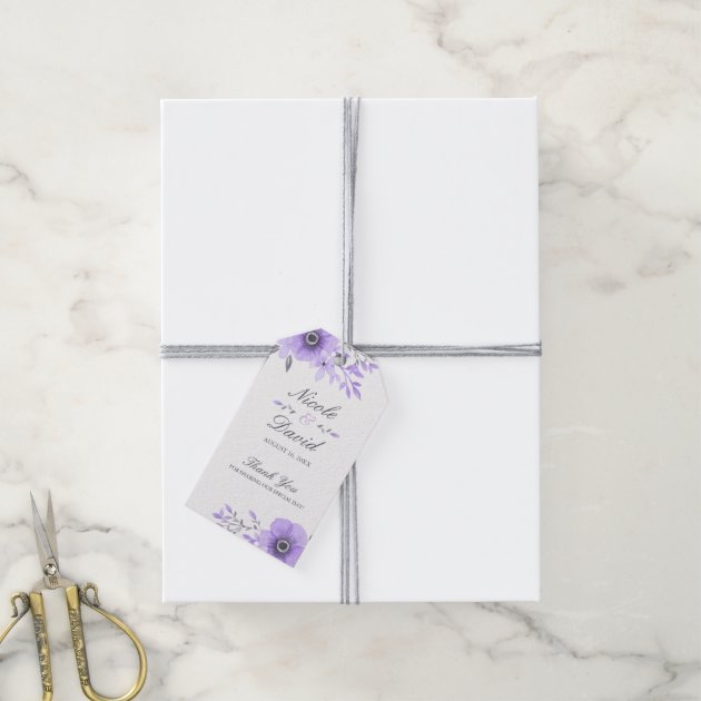 Purple And Gray Watercolor Floral Wedding Gift Tags