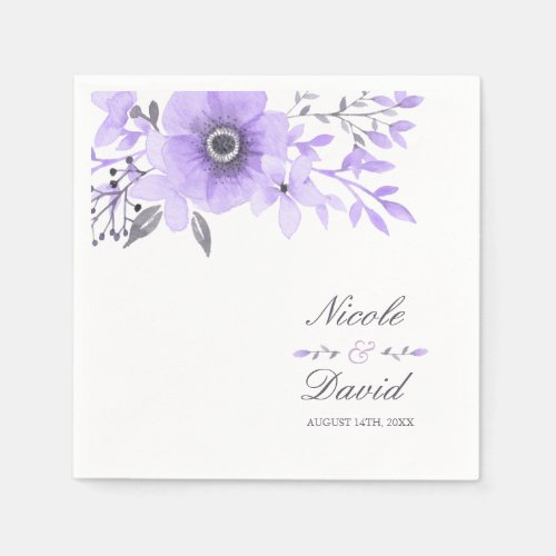 Purple and Gray Watercolor Floral Wedding Napkins