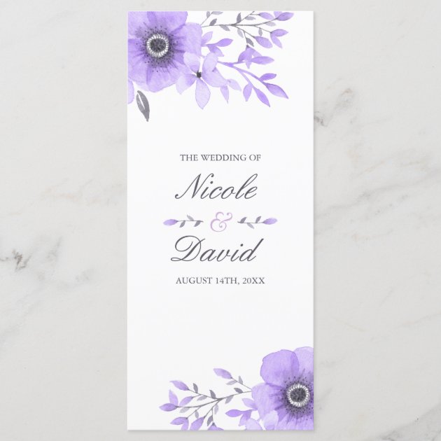 Purple And Gray Watercolor Floral Wedding Program