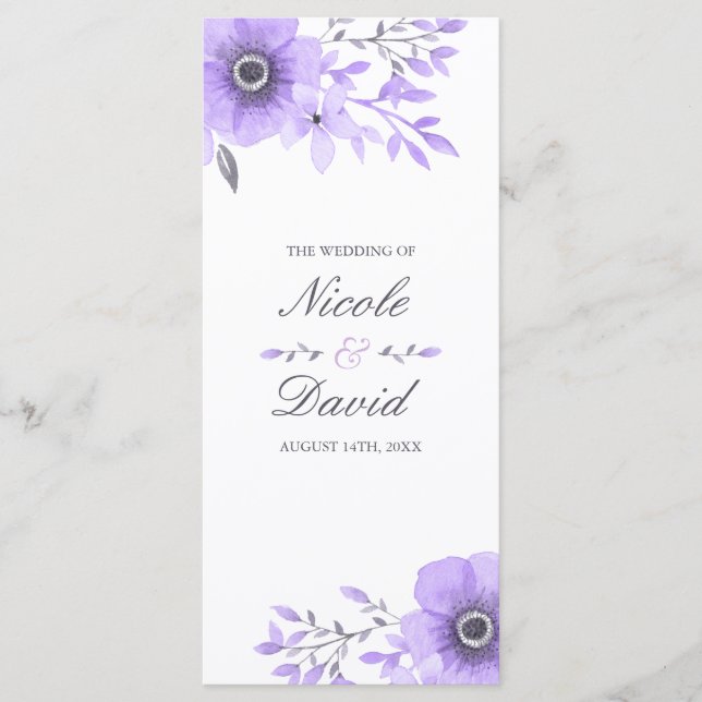 Purple and Gray Watercolor Floral Wedding Program (Front)