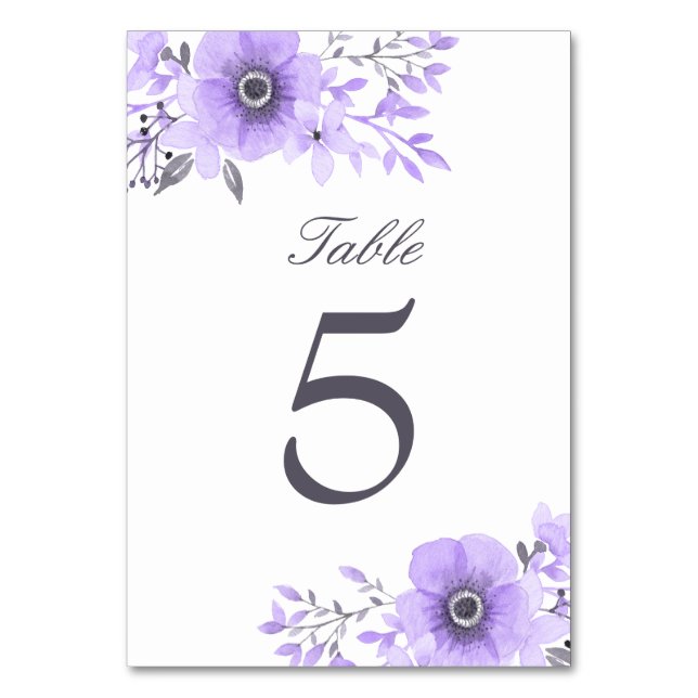 Purple and Gray Watercolor Floral Wedding Table Number (Front)