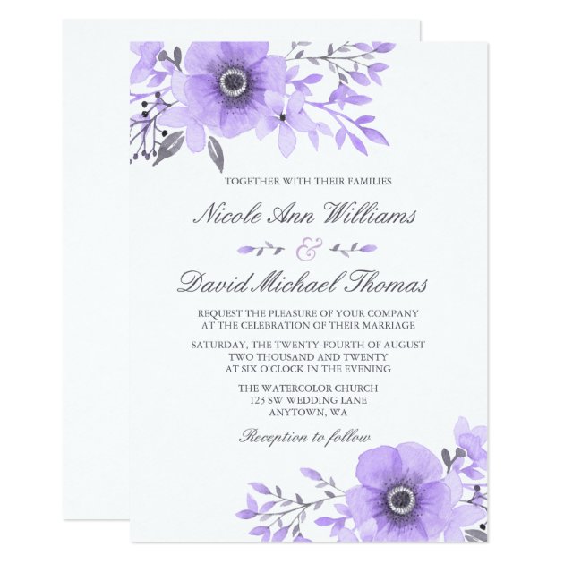 Purple And Gray Watercolor Floral Wedding V2 Invitation
