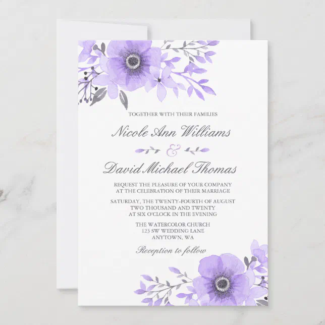 Purple and Gray Watercolor Floral Wedding v2 Invitation | Zazzle