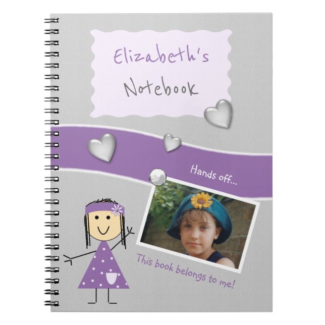 Purple and gray with hearts a name and photo notebook (Front)
