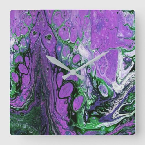 Purple and green abstract paint square wall clock