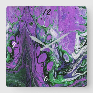 Purple and green abstract paint square wall clock