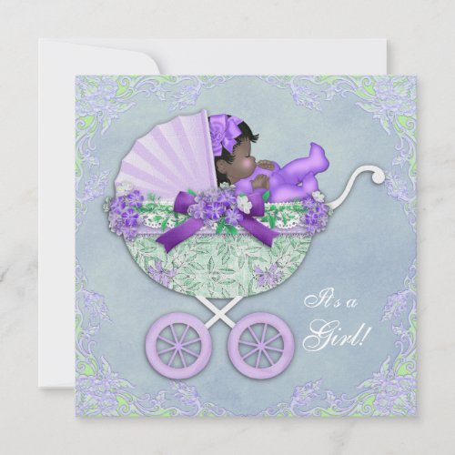 Purple and Green African American Baby Girl Shower Invitation