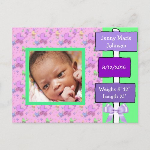 Purple and Green Baby Girl Birth Annoucnement Postcard