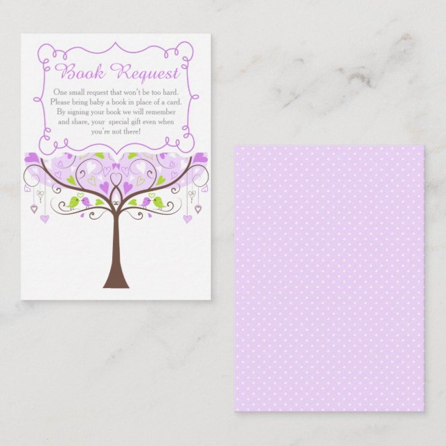 Purple and Green Bird Baby Shower Book Request Enclosure Card (Front/Back)