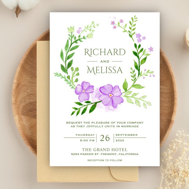 Purple and Green Botanical Floral Wreath Wedding Invitation (Creator Uploaded)