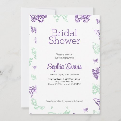 Purple and Green Butterflies White Bridal Shower Invitation