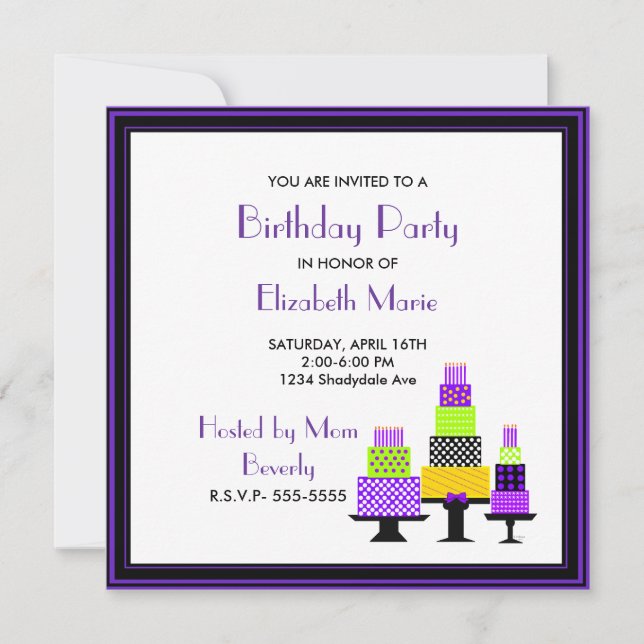Purple and Green Cakes Birthday Party Invitation (Front)