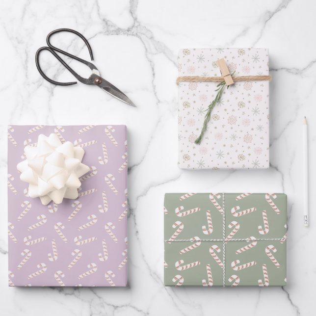 Purple and Green Candy Canes Snowflakes Christmas Wrapping Paper Sheets (Front)