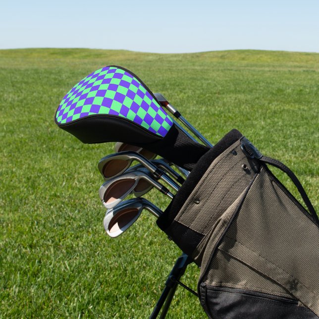Purple and Green Checkerboard Pattern Golf Head Cover (In Situ)