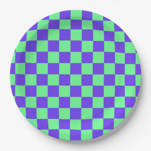 Purple and Green Checkerboard Pattern Paper Plates