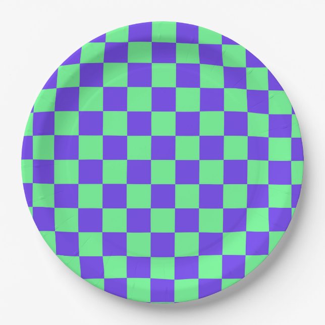 Purple and Green Checkerboard Pattern Paper Plates (Front)