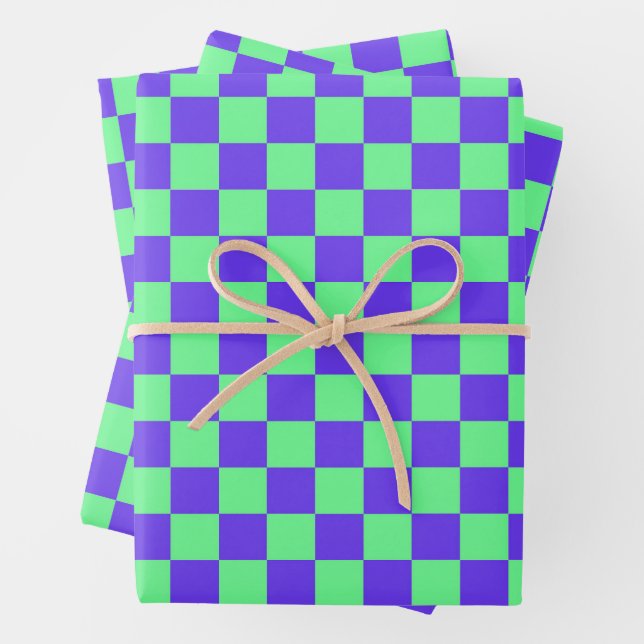 Purple and Green Checkerboard Pattern Wrapping Paper Sheets (In situ)