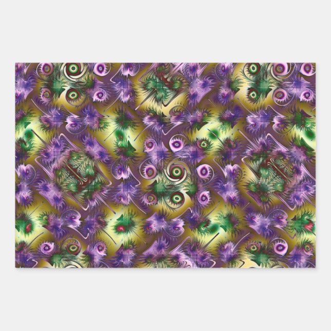 Purple and Green Christmas Fractal Texture Wrapping Paper Sheets (Front)