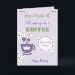 Purple and green Coffee & Friends Birthday Card<br><div class="desc">Personalize this Birthday greeting card with a name and change the other text if you prefer.
Designed in purple and green with a coffee cup,  polka dots and love hearts.
Treat your best friend to a coffee.</div>