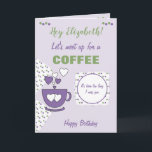 Purple and green Coffee & Friends Birthday Card<br><div class="desc">Personalize this Birthday greeting card with a name and change the other text if you prefer.
Designed in purple and green with a coffee cup,  polka dots and love hearts.
Treat your best friend to a coffee.</div>