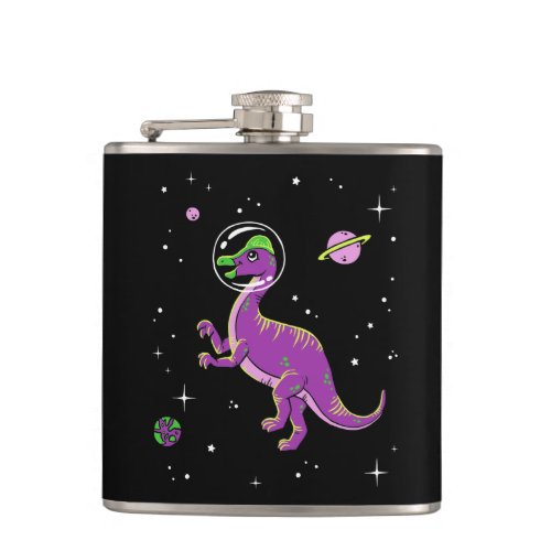 Purple And Green Corythosaurus Dinos In Space Flask