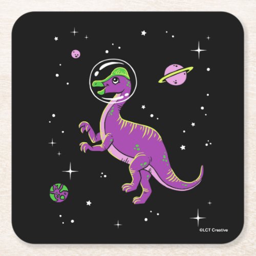 Purple And Green Corythosaurus Dinos In Space Square Paper Coaster