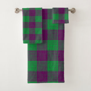 Purple and Green Crosshatch Checkered Pattern Bath Towel Set