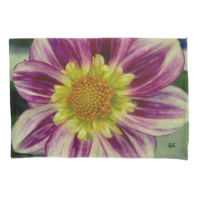 Purple and green dahlia pillowcase (Front)