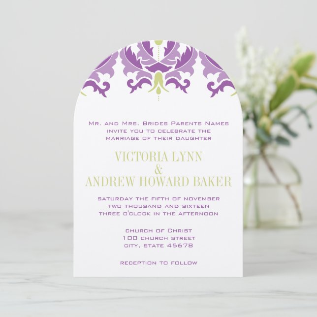 Purple and Green Damask Wedding Invitation (Standing Front)