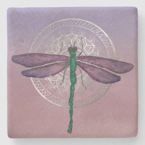 Purple and Green Dragonfly Limestone Coaster