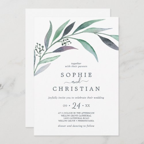 Purple and Green Eucalyptus All In One Wedding Invitation