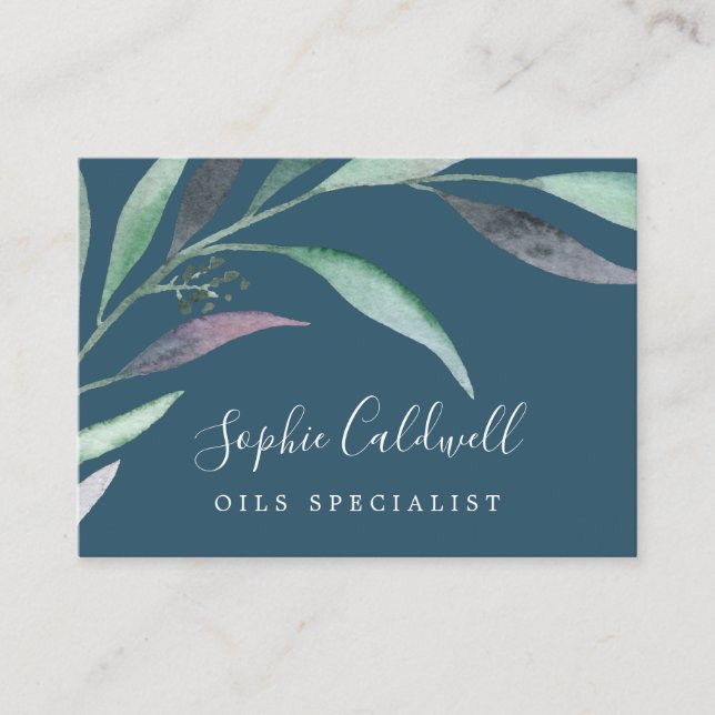 Purple and Green Eucalyptus | Blue Business Card (Front)
