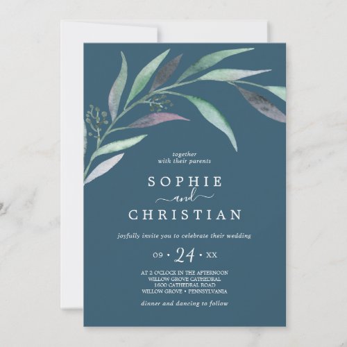 Purple and Green Eucalyptus  Blue Casual Wedding Invitation