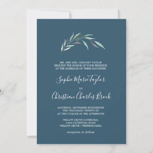Purple and Green Eucalyptus  Blue Formal Wedding Invitation