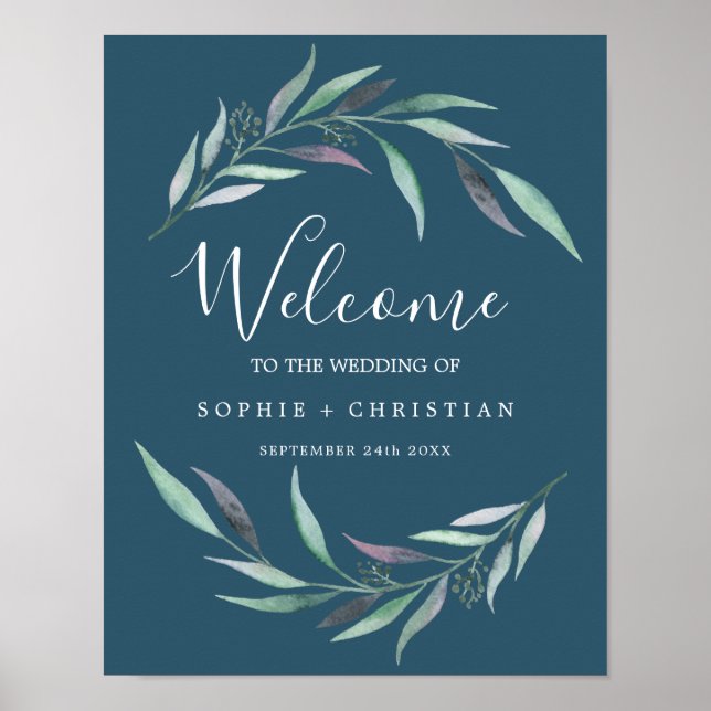 Purple and Green Eucalyptus | Blue Welcome Wedding Poster (Front)