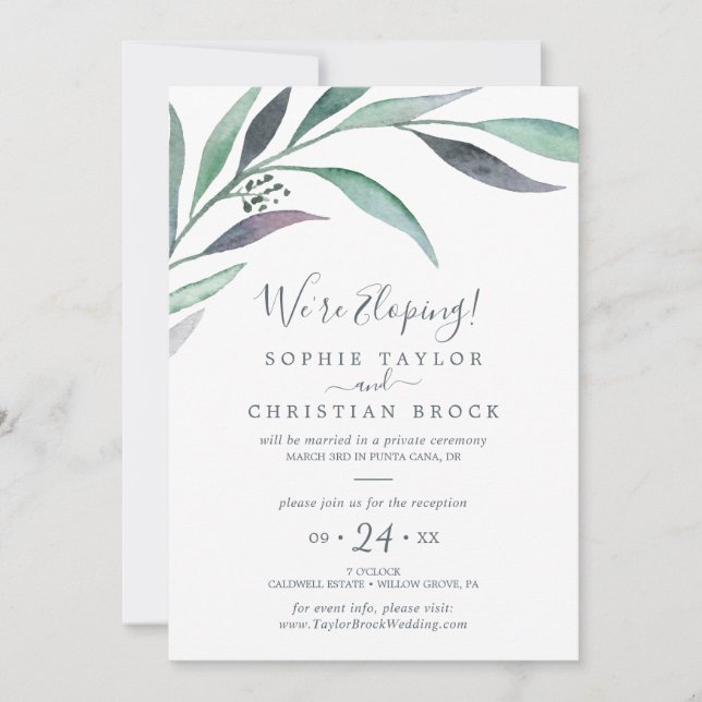 Purple and Green Eucalyptus Elopement Reception Invitation (Front)