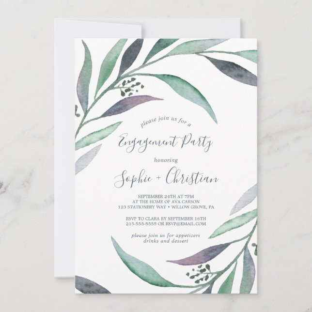 Purple and Green Eucalyptus Engagement Party Invitation (Front)