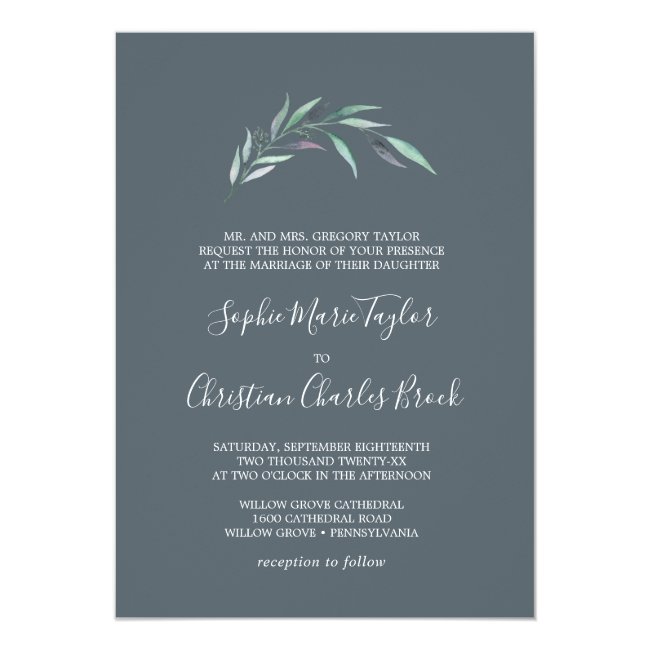 Purple and Green Eucalyptus | Gray Formal Wedding Invitation