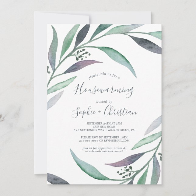 Purple and Green Eucalyptus Housewarming Party Invitation (Front)