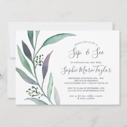 Purple and Green Eucalyptus Sip and See Invitation
