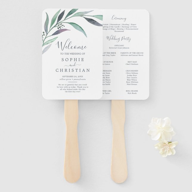 Purple and Green Eucalyptus Wedding Program Fan (Front and Back)