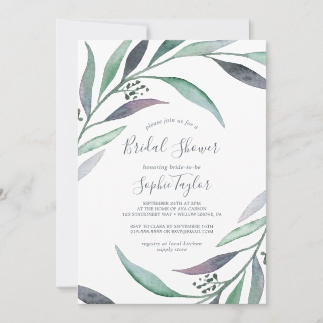 Purple and Green Eucalyptus Wreath Bridal Shower Invitation (Front)