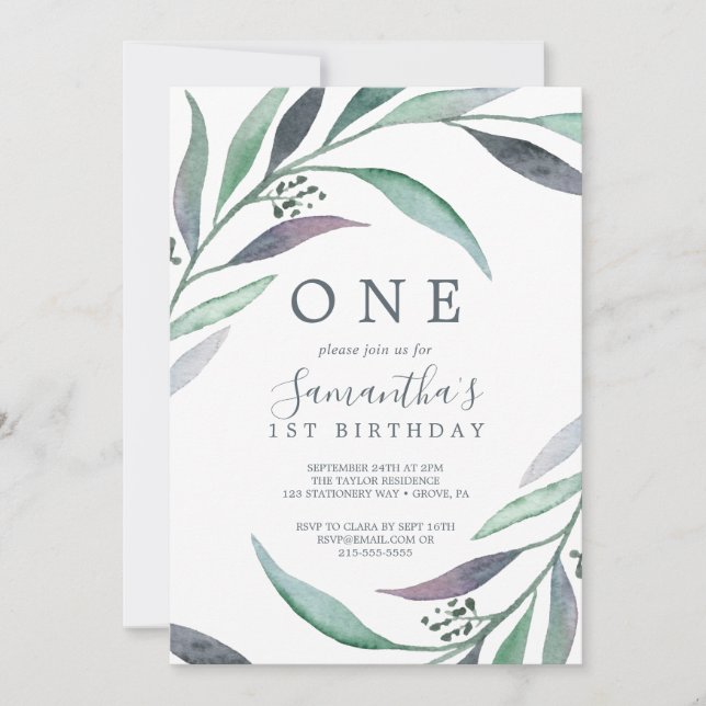 Purple and Green Eucalyptus Wreath First Birthday Invitation (Front)